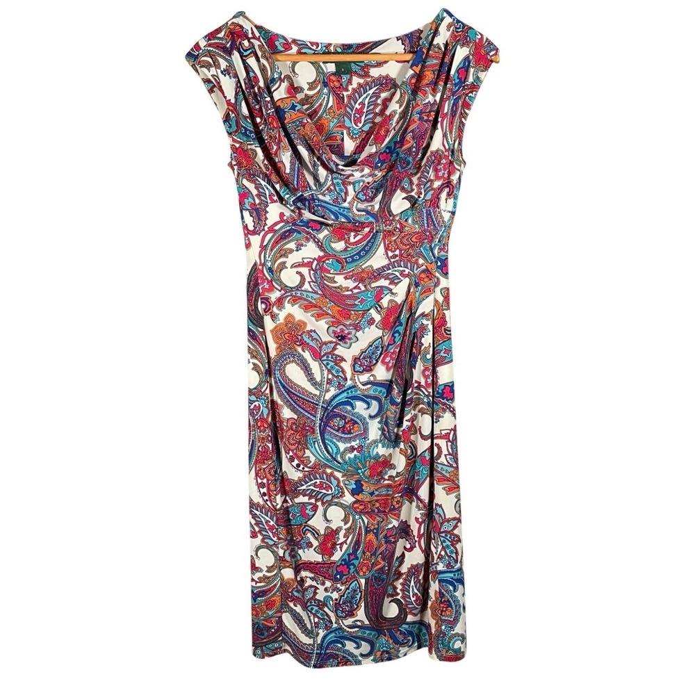 Lauren Ralph Lauren‎ Womens Size 2 Dress Colorful Paisley Cowl Neck Midi Elegant